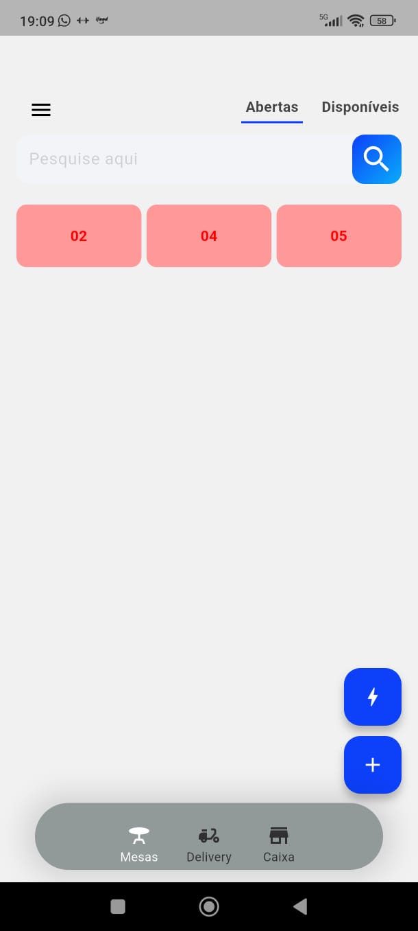 App garçom One Mobile mostrando mesas abertas